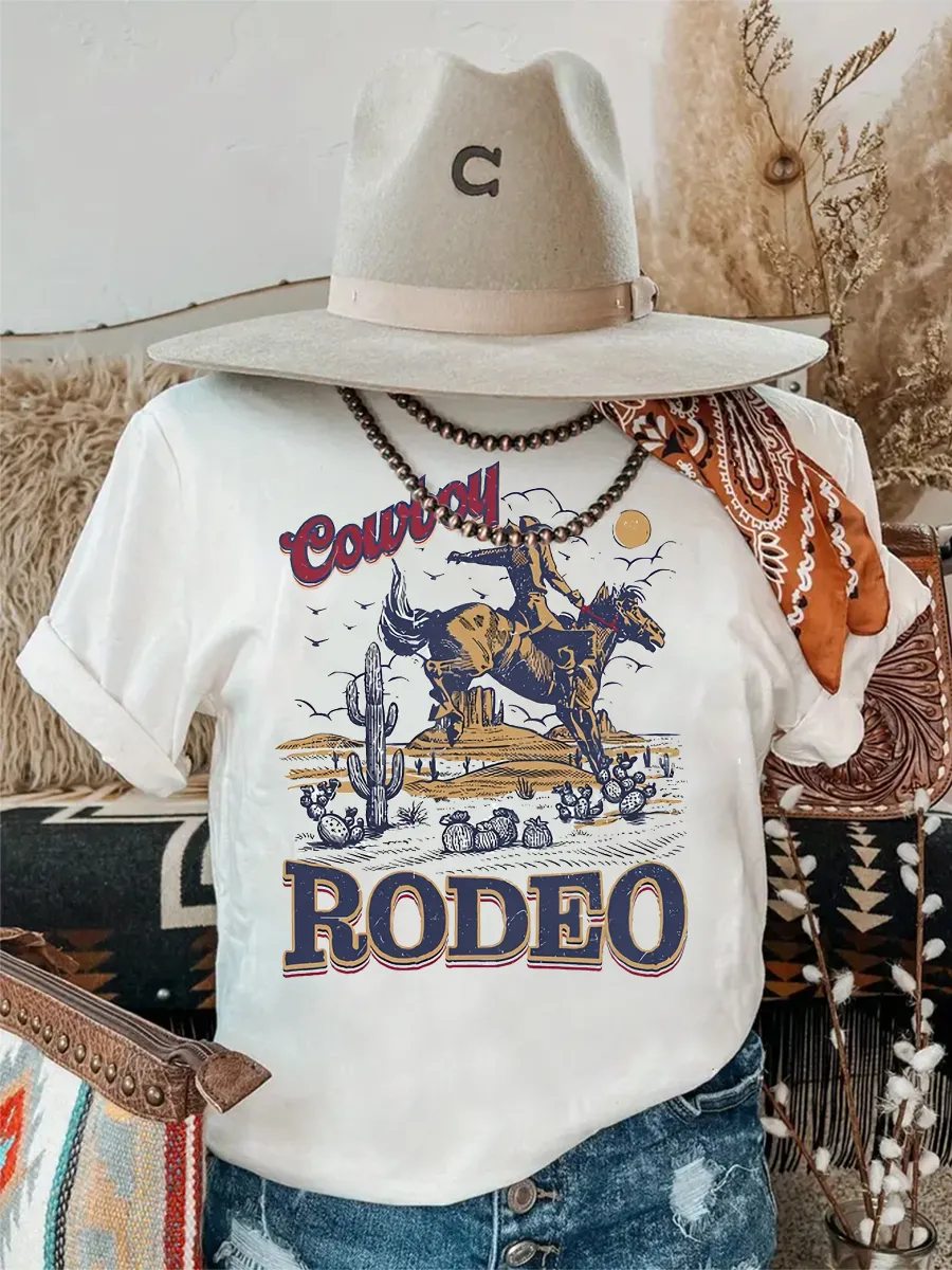 Retro Cowboy Knight Print Round Neck Athletic Tee