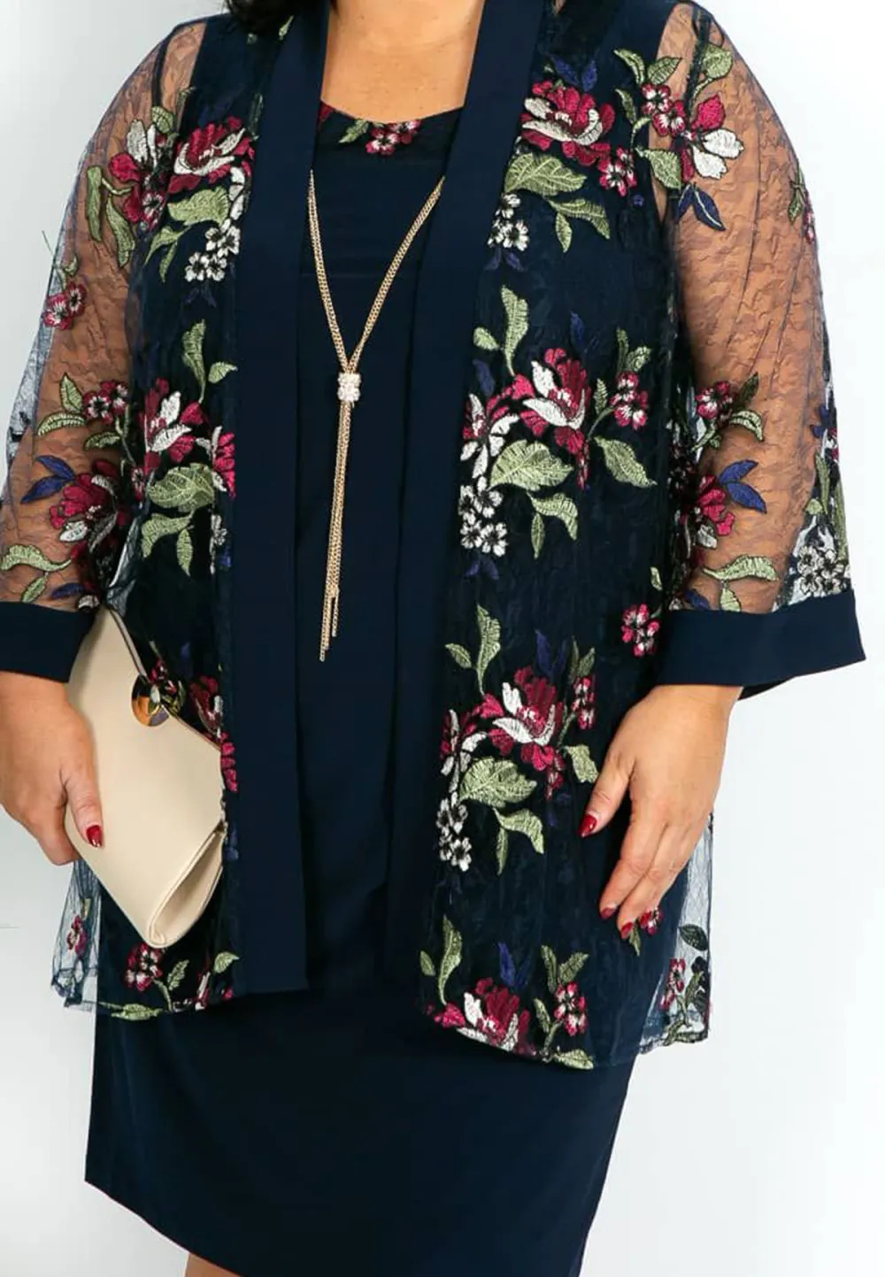 Navy Floral Dress and Mesh Jacket