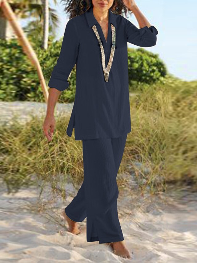 Women's Shirt Pants Sets Black Dark Navy Camel Plain Long Sleeve Casual Daily Vintage Fashion Streetwear V Neck Regular Fit Fall & Winter