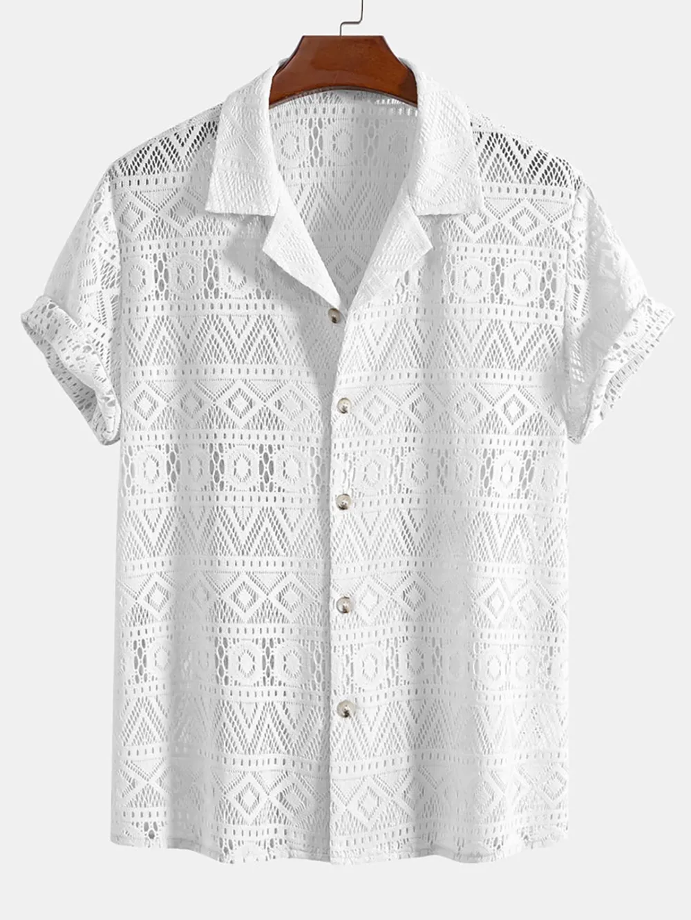 Short Sleeve Geometry Textured Cuban Shirt