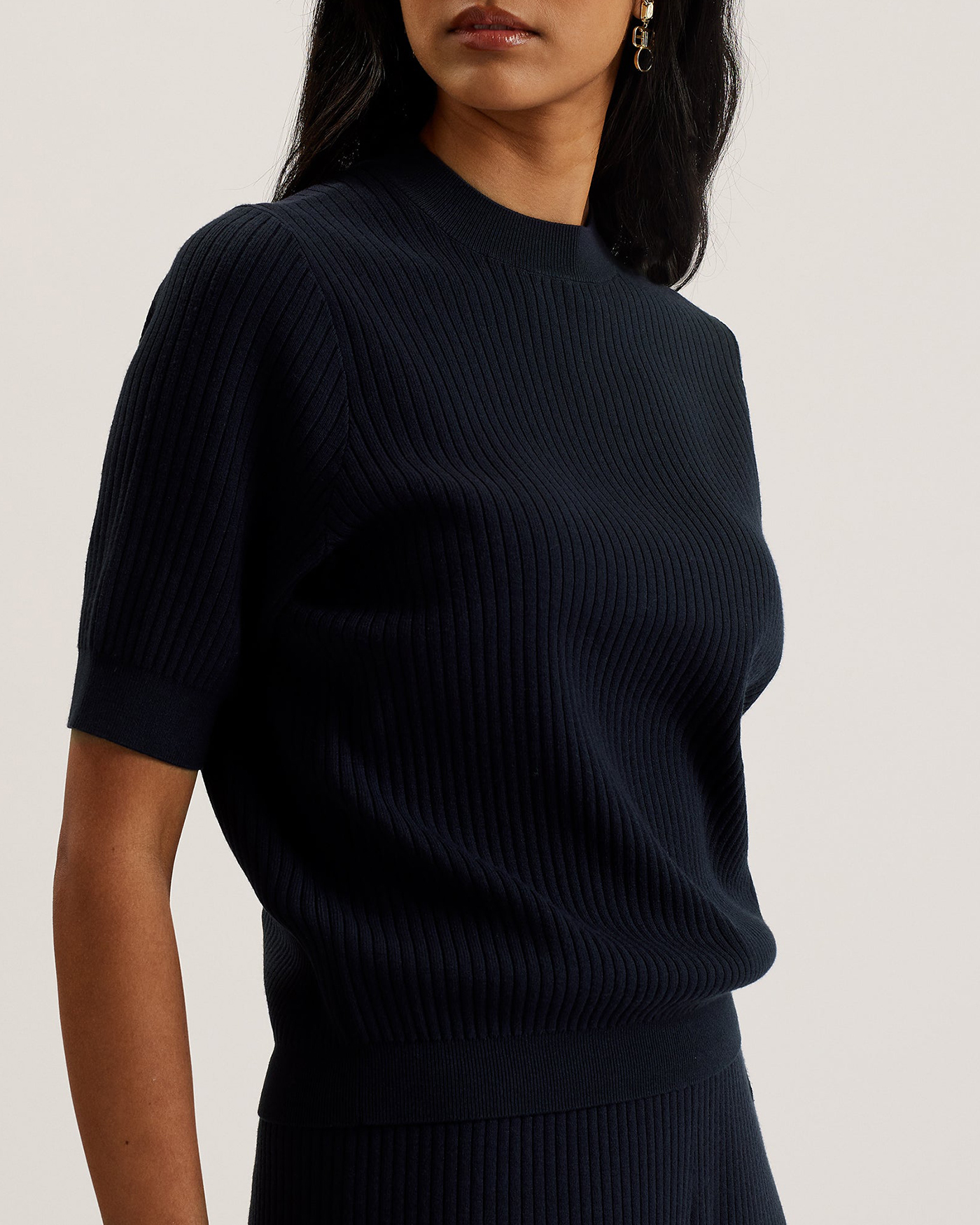 Ellihaa Ribbed Knitted Half Sleeve Top Navy