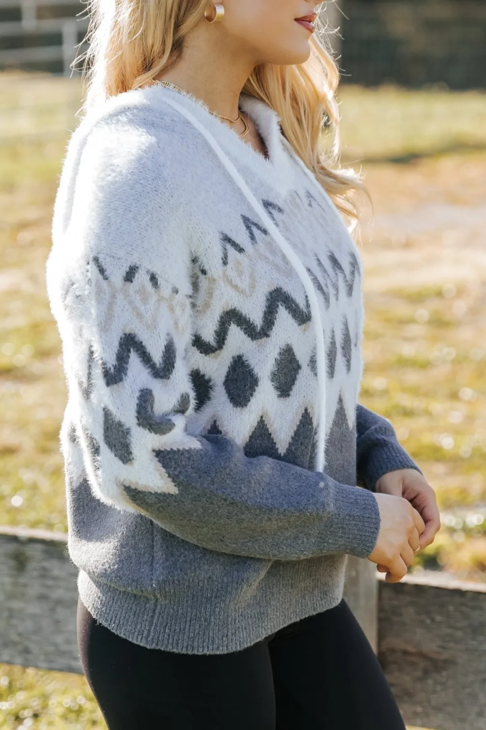 Fuzzy Grey Nordic Print Hooded Sweater