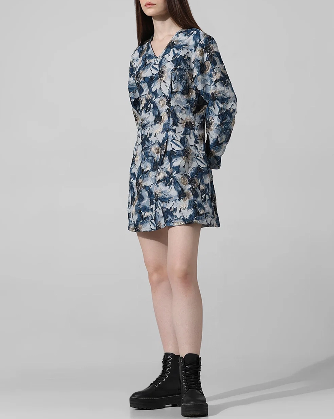 Blue Floral Jacquard Mini Dress