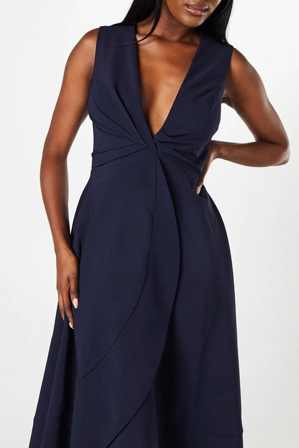 Twist Front Wrap Skirt Crepe Midi Dress