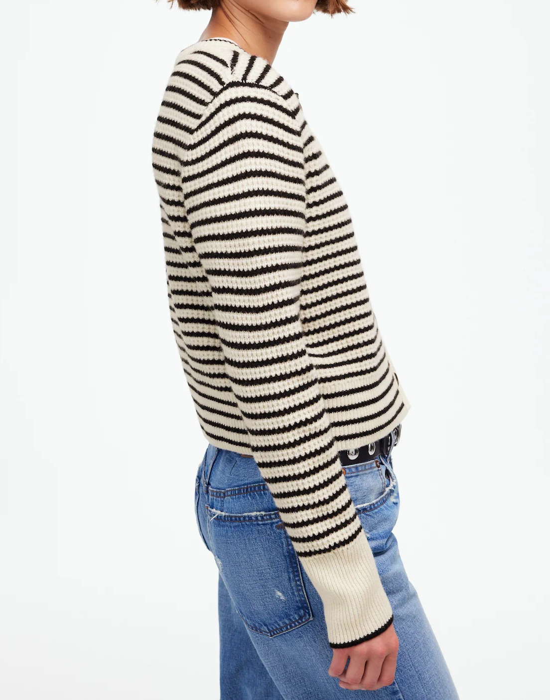 Waffle-Knit Wool Cardigan in Stripe