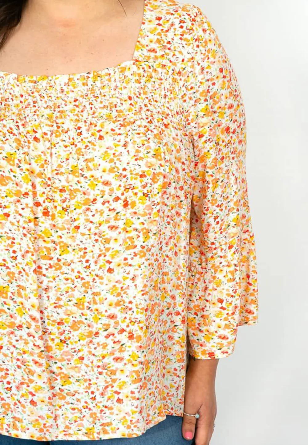 Orange and Yellow Ditsy Shirred Neck Top