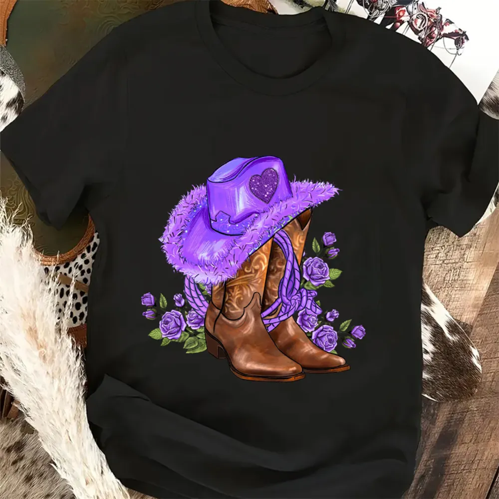 Purple cowgirl hat and roses T-shirt