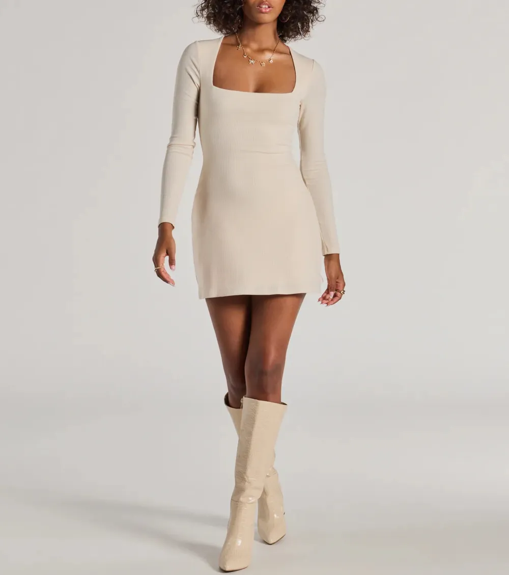 Casual Luxe Long Sleeve Ribbed Knit Mini Dress