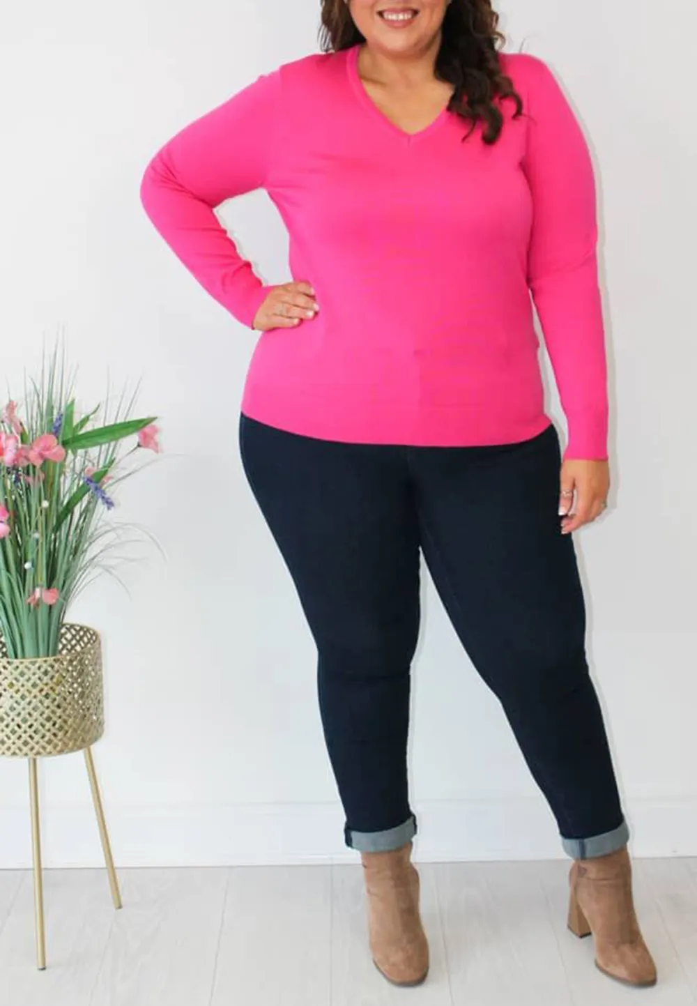 Cerise V Neck Fine Knit