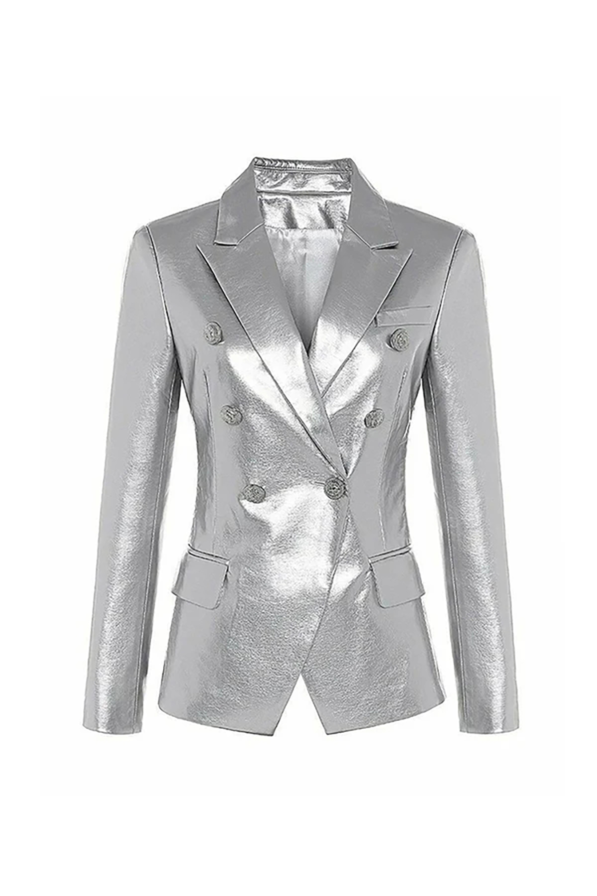 Chic Lapel Collar Long Sleeve Double Breasted Tailored Faux Leather Blazer