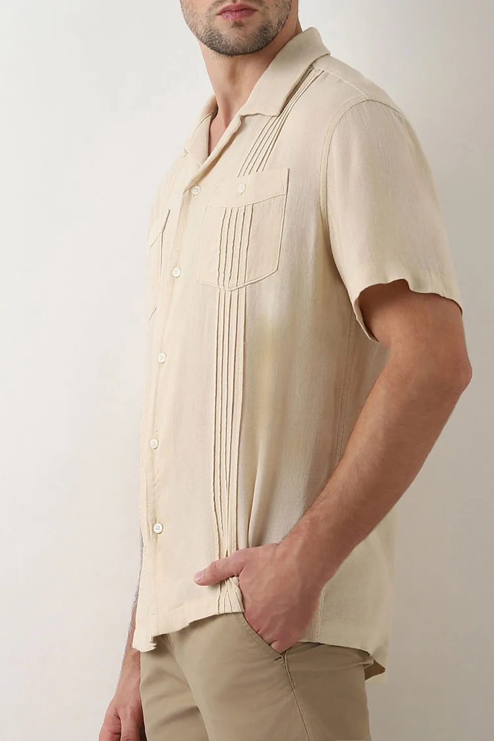 Beige Cuban Collar Short Sleeves Shirt