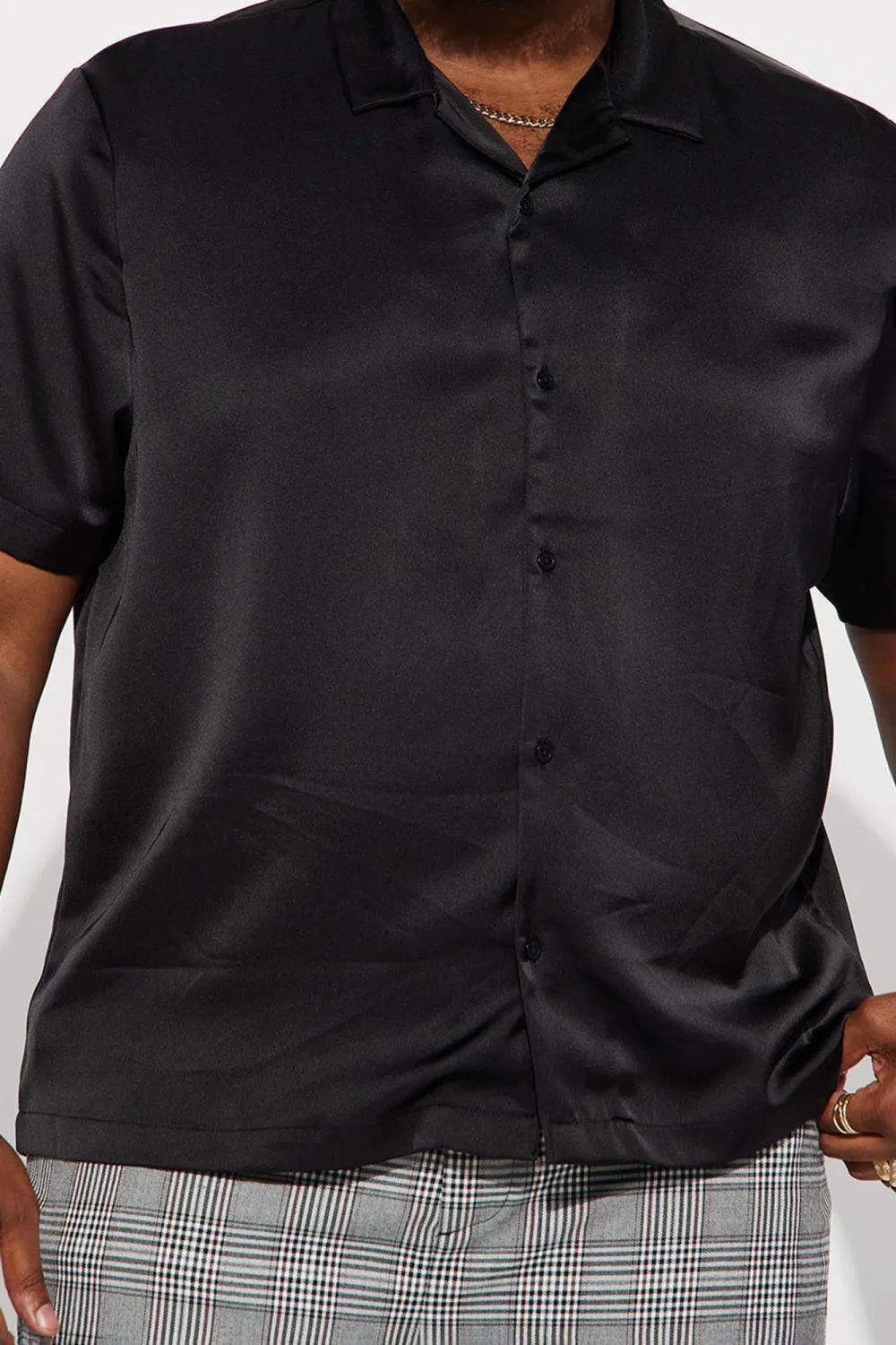 Links Satin Short Sleeve Button Up Shirt - Black