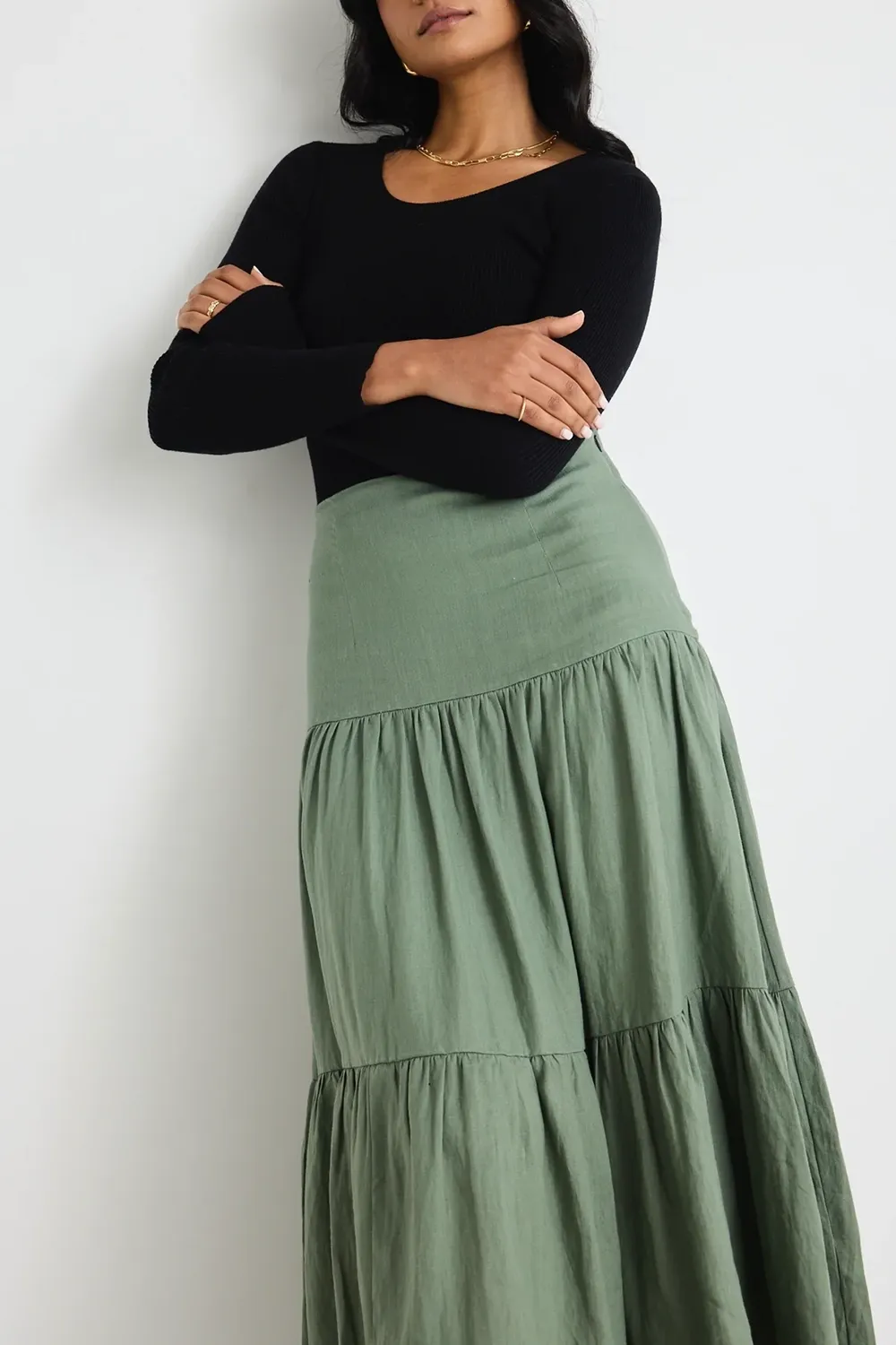 Blazing Moss Tiered Linen Midi Skirt