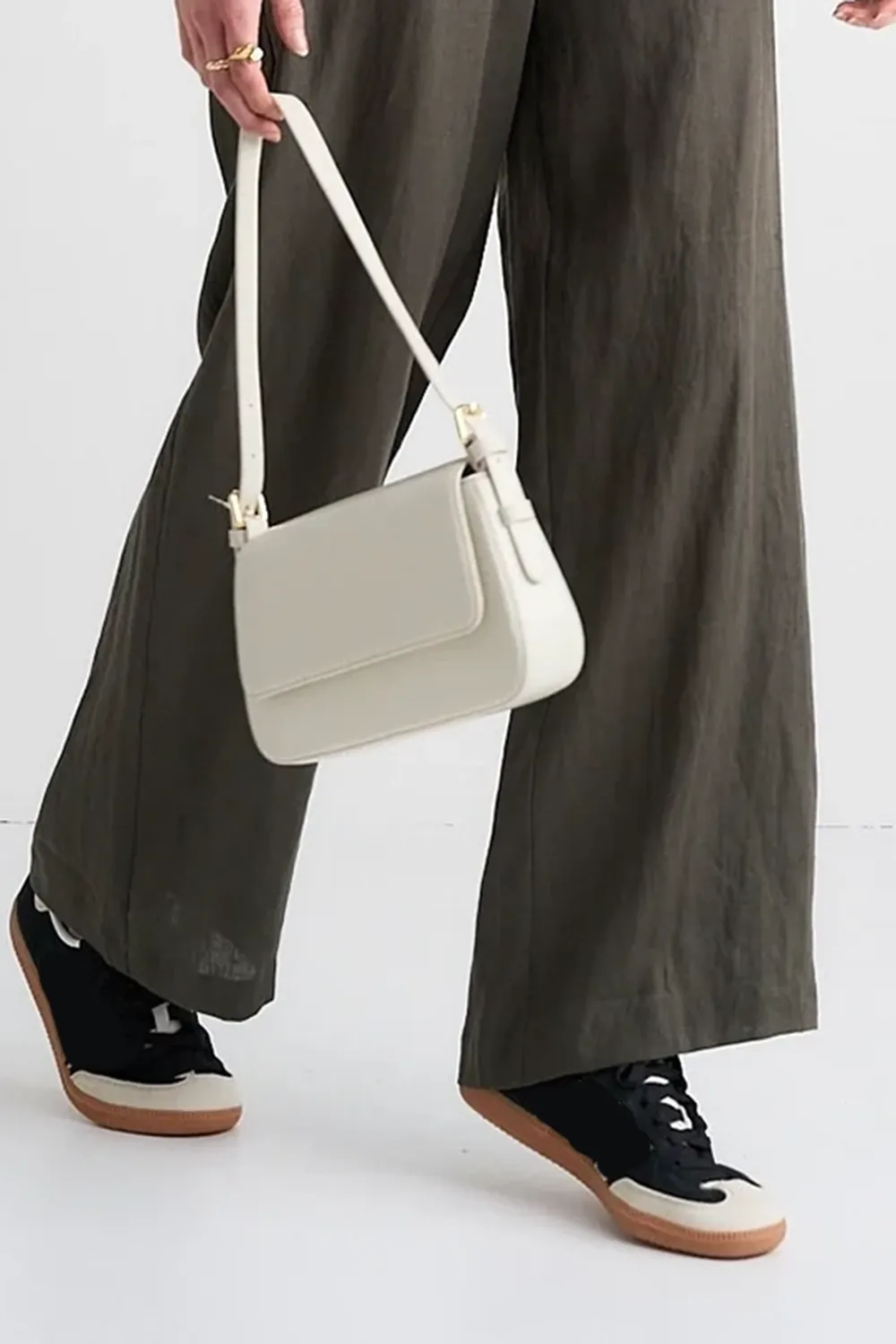 Freedom Dark Olive Linen Flat Front Deep Waistband Wide Leg Pant