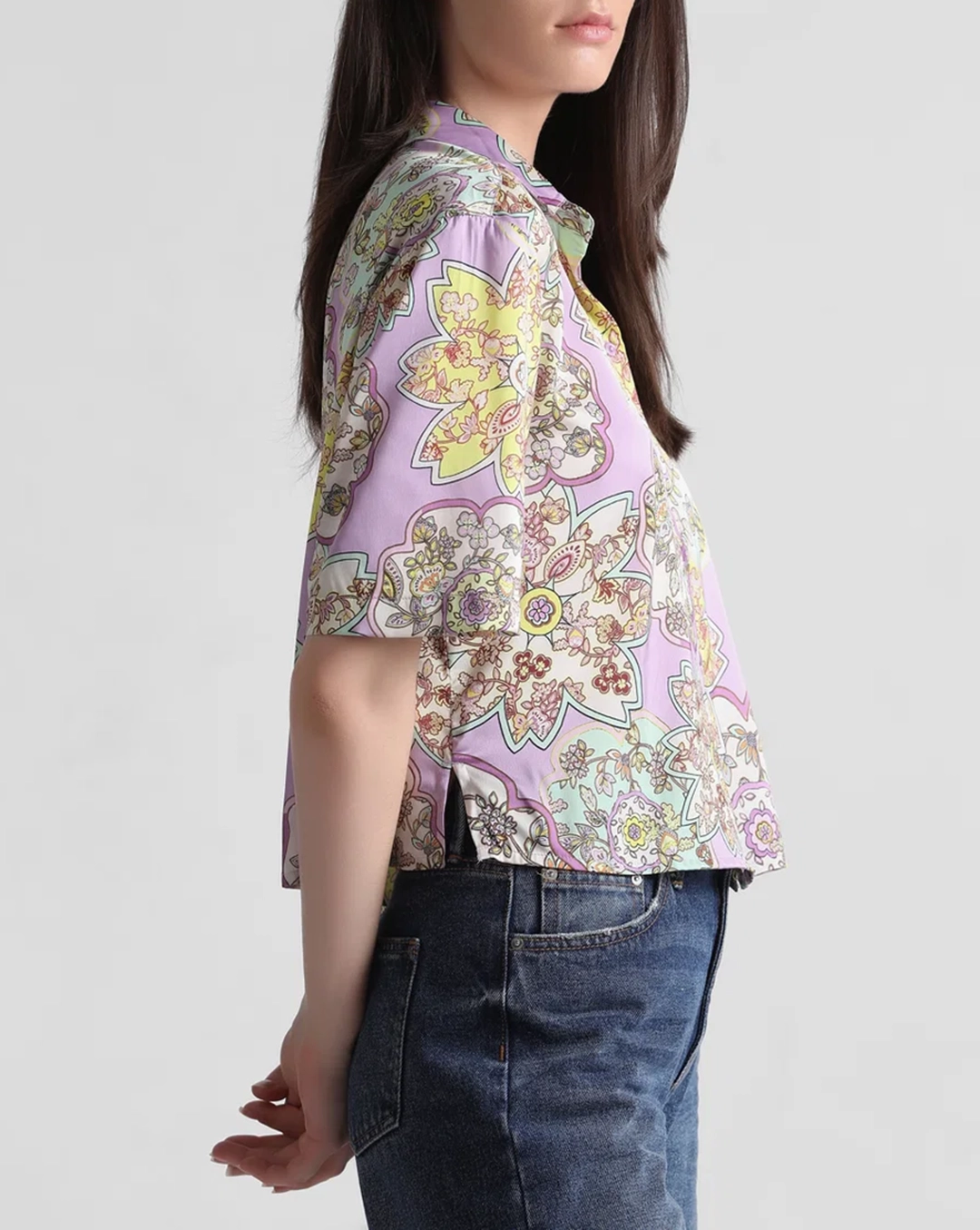 Lavender Floral Print Satin Shirt