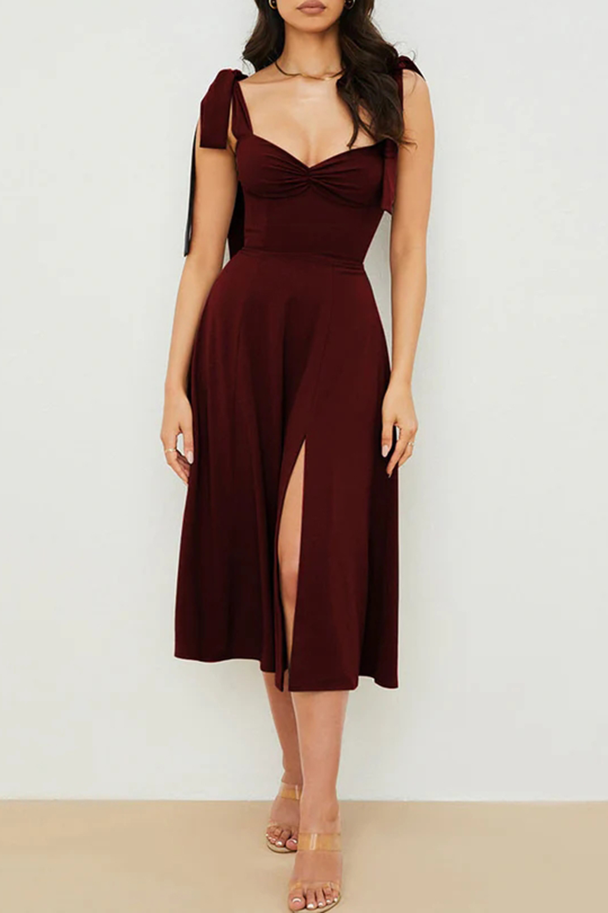 Tie Strap Fit & Flare High Slit Slip Midi Dress - Dark Wine