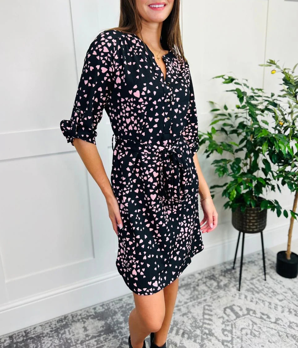 Pink Heart Print Belted Shirt Dress