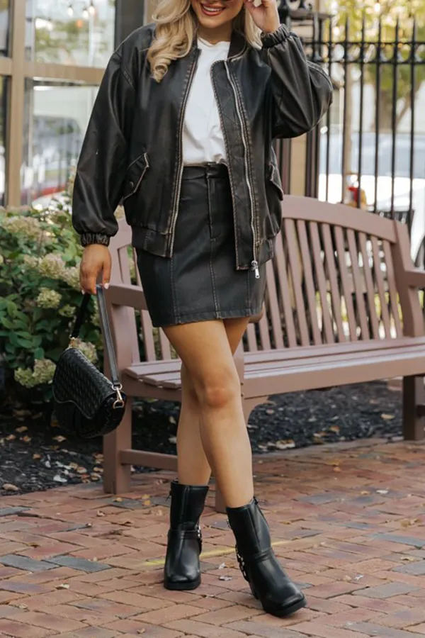 Dark Brown Faux Leather Bomber Jacket