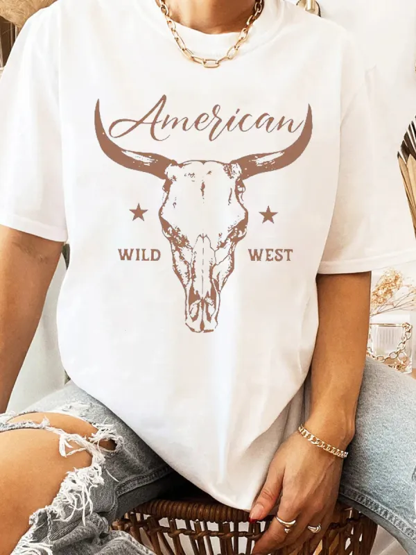 Wild West Bull Head Pattern Round Neck T-shirt