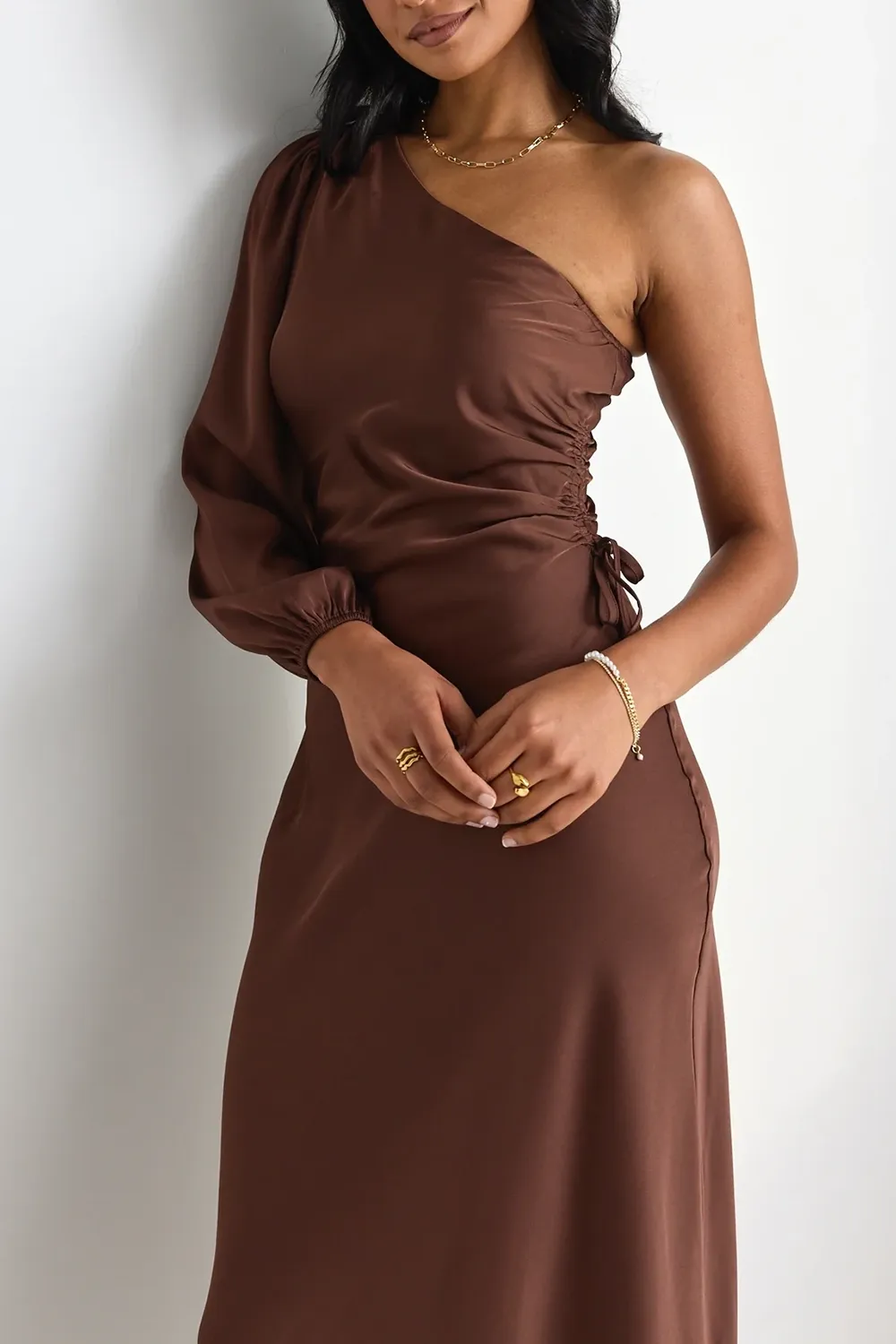 Mythical Chocolate Satin One Shoulder LS Midi Dress