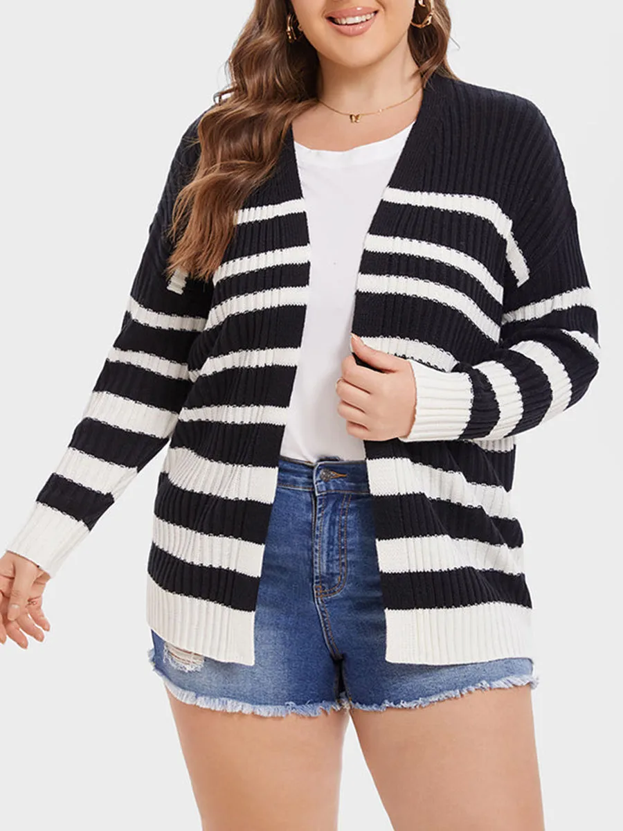 Striped Pattern Drop Shoulder Open Front Cardigan