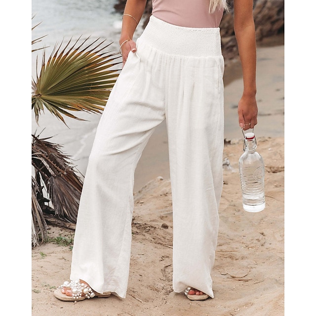 Women's Wide Leg Linen Pants Trousers Full Length Cotton Baggy Micro-elastic High Waist Fashion Casual Daily Vacation Apple Green Black S M Autumn / Fall