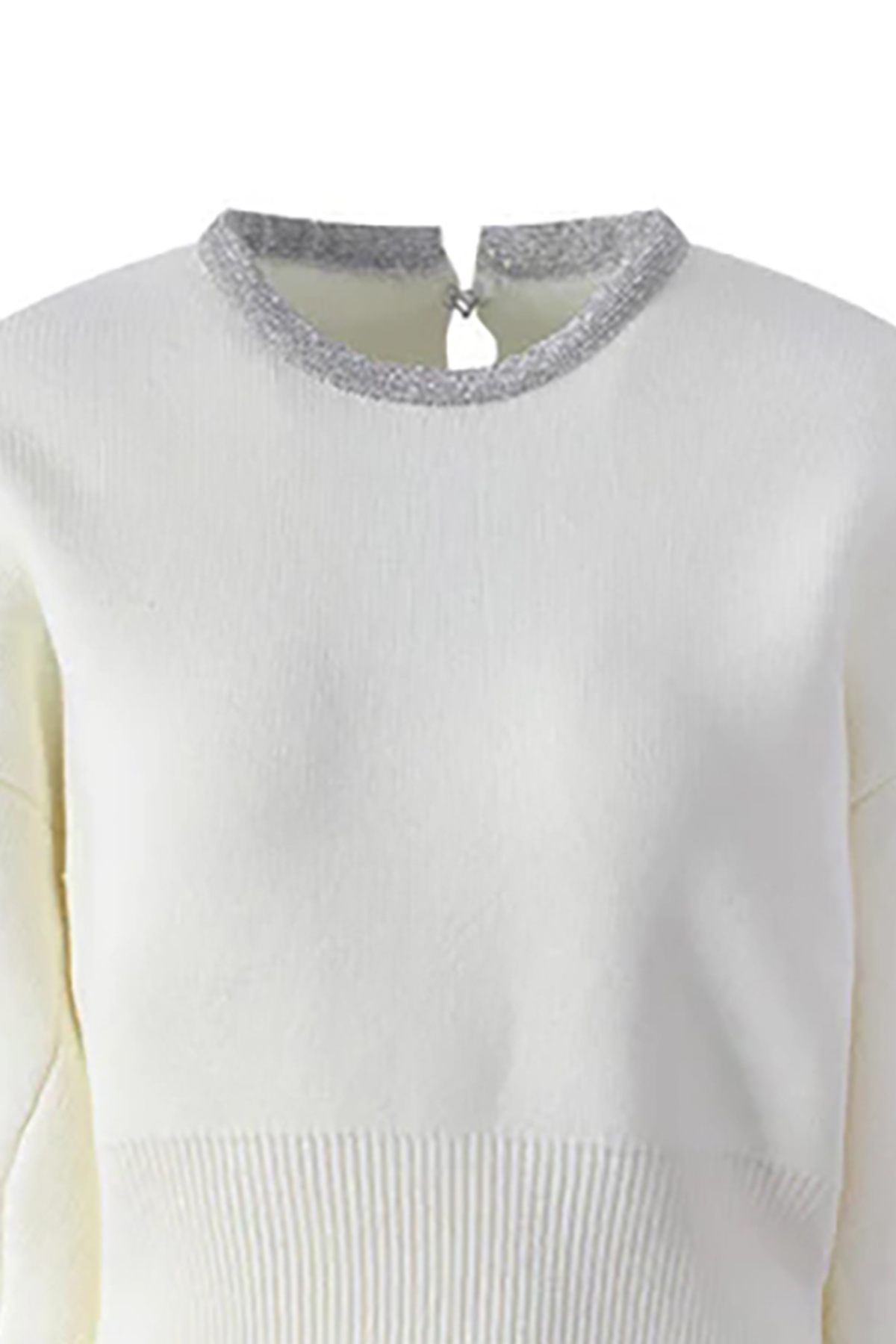 Sparkly Crystal Collar Keyhole Wool Blend Fitted Waist Ribbed Knit Sweater