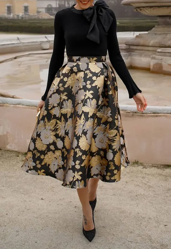 GOLDEN BOUQUETS JACQUARD A-LINE MIDI SKIRT