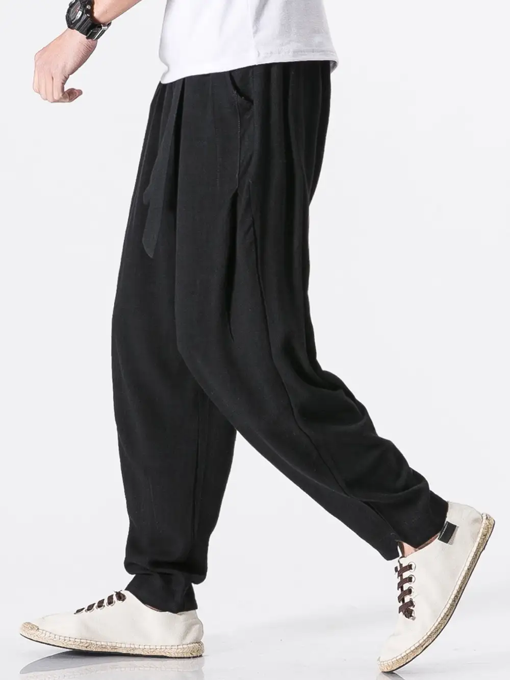 Detachable Belt Relax Fit Linen And Cotton Blend Harem Pants