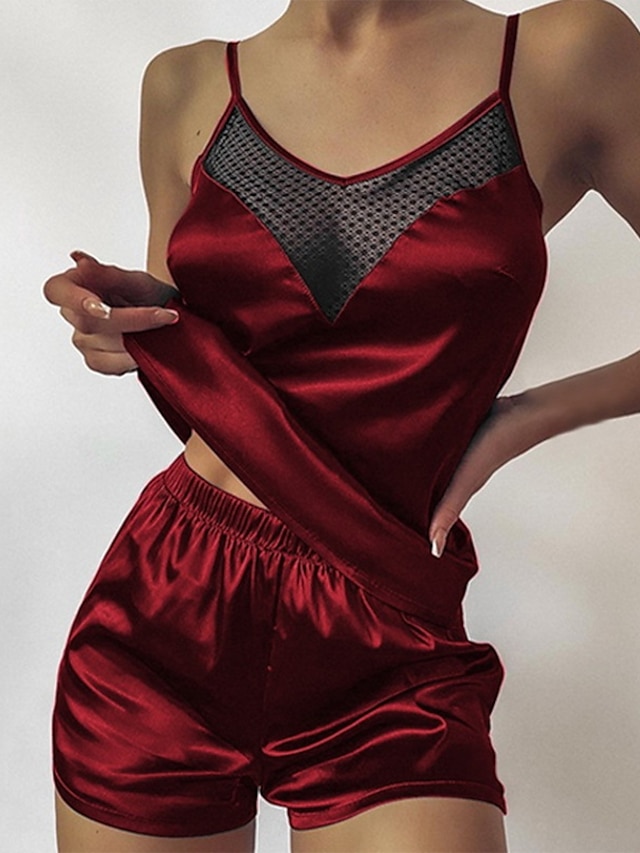 Women's Pajamas Sets Nighty Pjs 2 Pieces Pure Color Fashion Simple Comfort Home Daily Bed Satin Breathable Gift V Wire Sleeveless Shorts Backless Spring Summer Green Purple / Silk