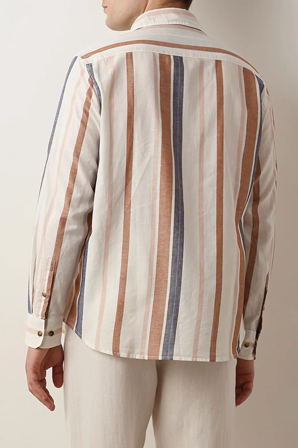 Beige Striped Linen Full Sleeves Shirt