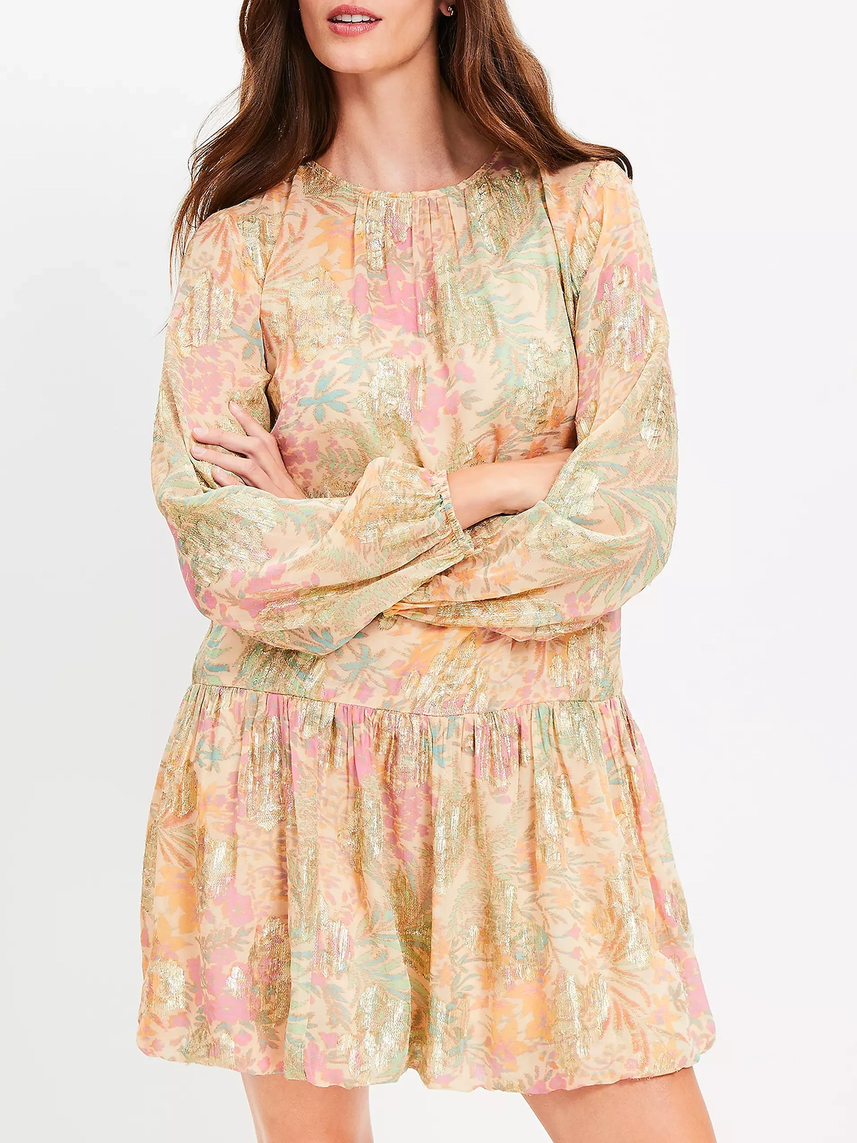 Shimmer Floral Jacquard Bubble Hem Mini Dress