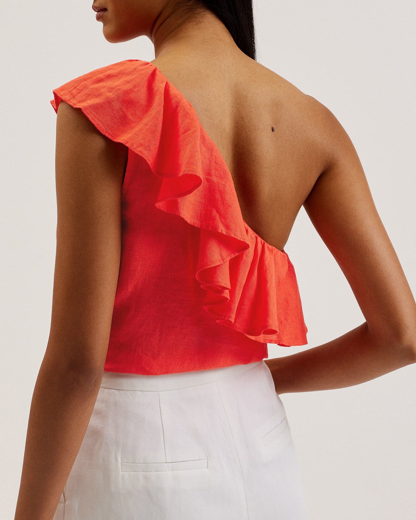 Symi Linen Ruffle One Shoulder Top Red