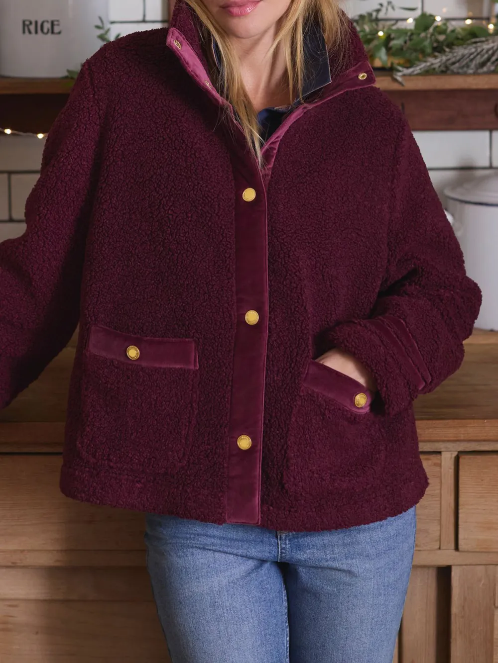 Velvet Trims Fleur Red Fleece Jacket