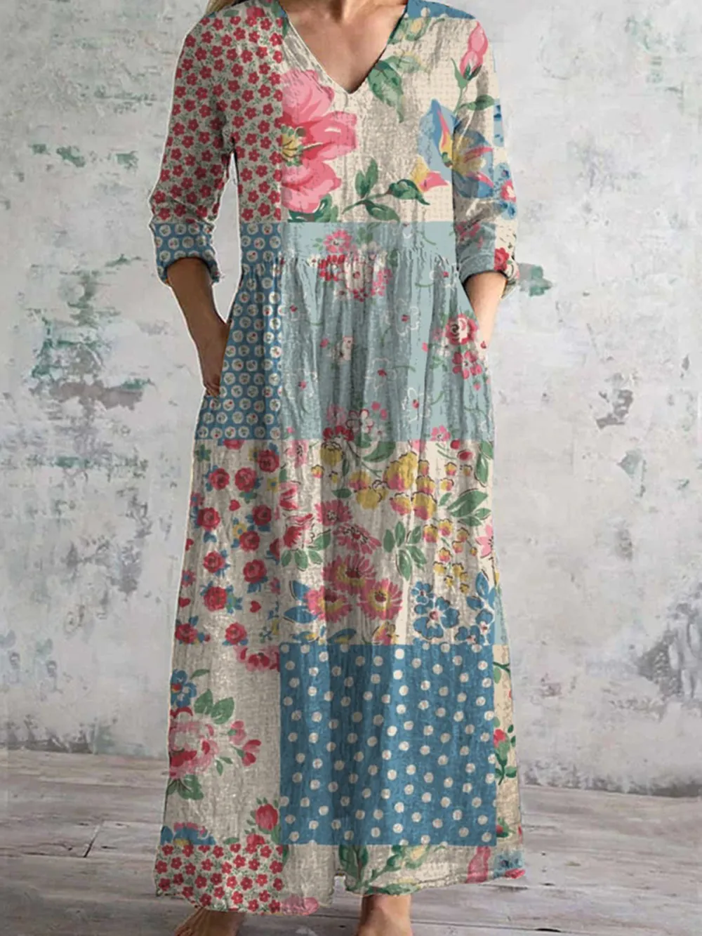 Vintage Bohemian Floral Art Print Chic V Neck Three Quarter Sleeves Elegant Midi Dress