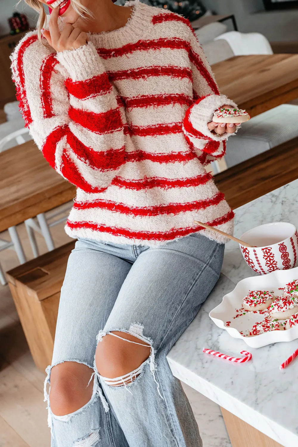 Fuzzy Red Striped Pullover Sweater