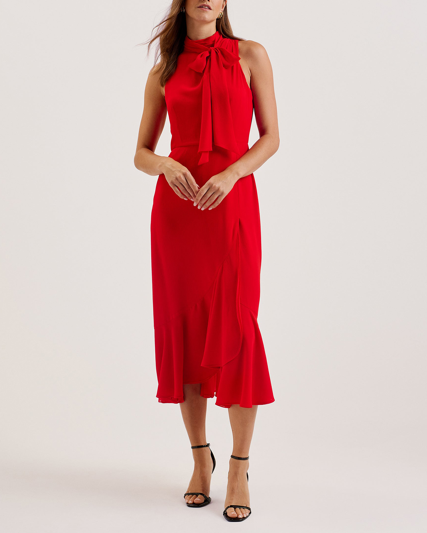 Rowaa Sleeveless Scarf Detail Midi Dress Red