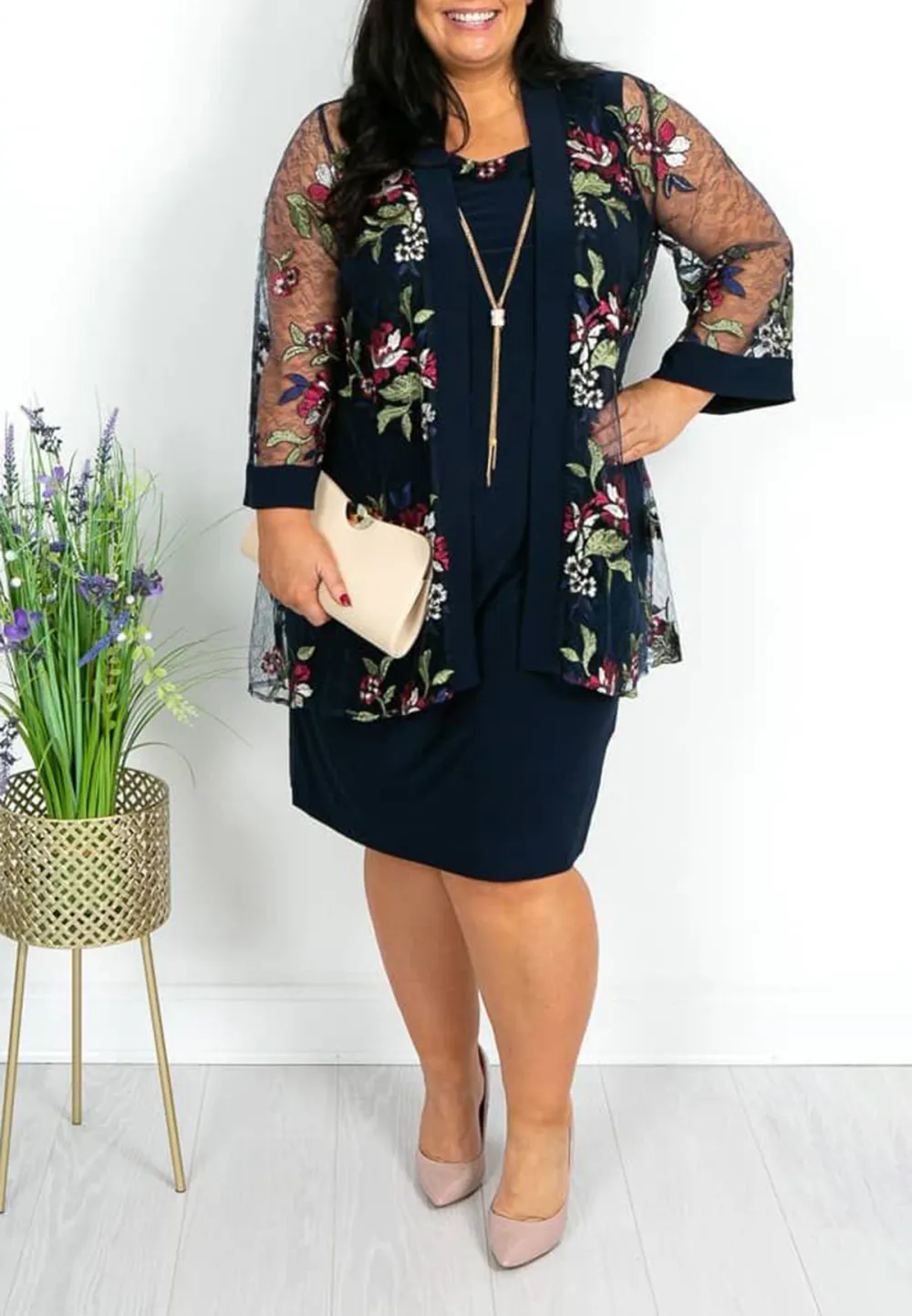 Navy Floral Dress and Mesh Jacket