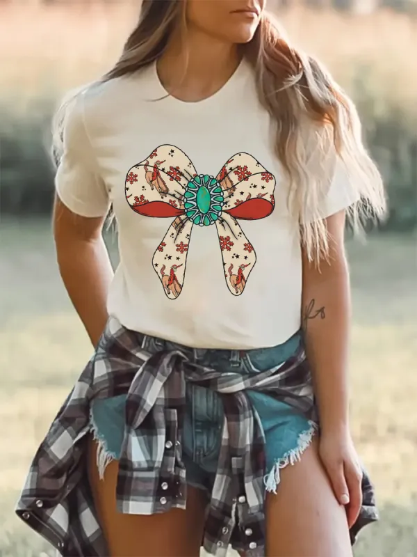 Western turquoise denim bow pattern T-shirt