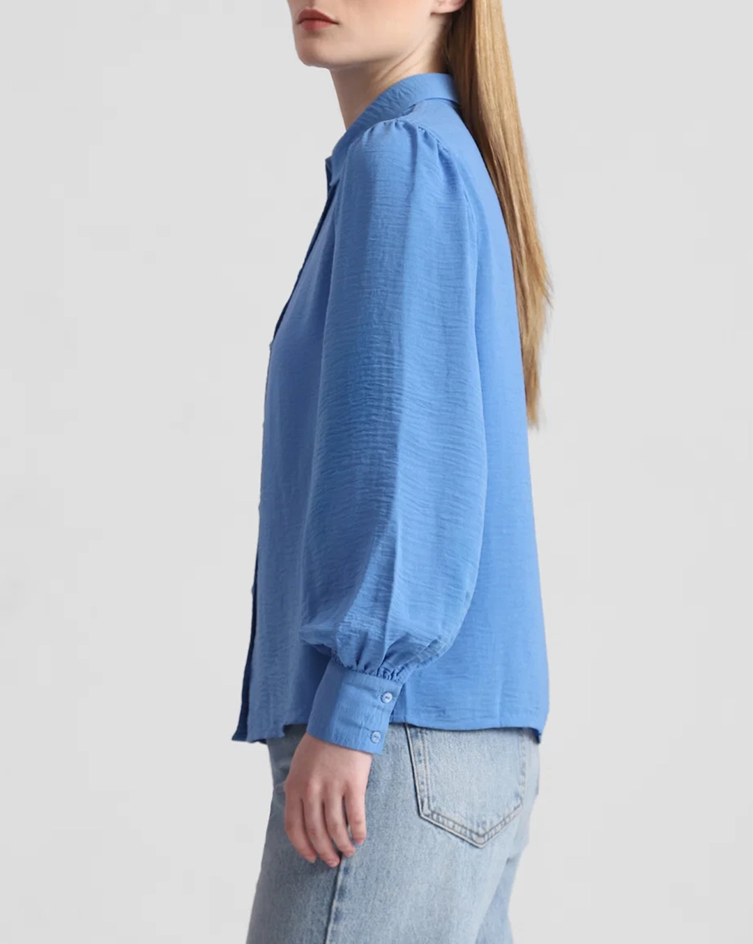 Blue Puff Sleeves Textured Shirt