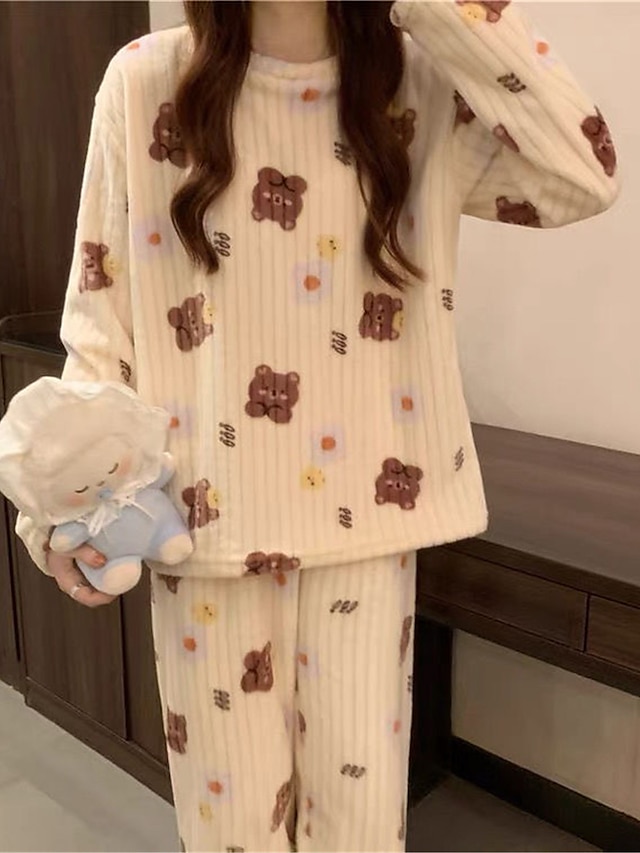Women's Fleece Coral Pajamas Sets Cartoon Fruit Fashion Plush Casual Home Daily Bed Coral Breathable Crew Neck Long Sleeve Pant Summer Fall Lotus Pink Black