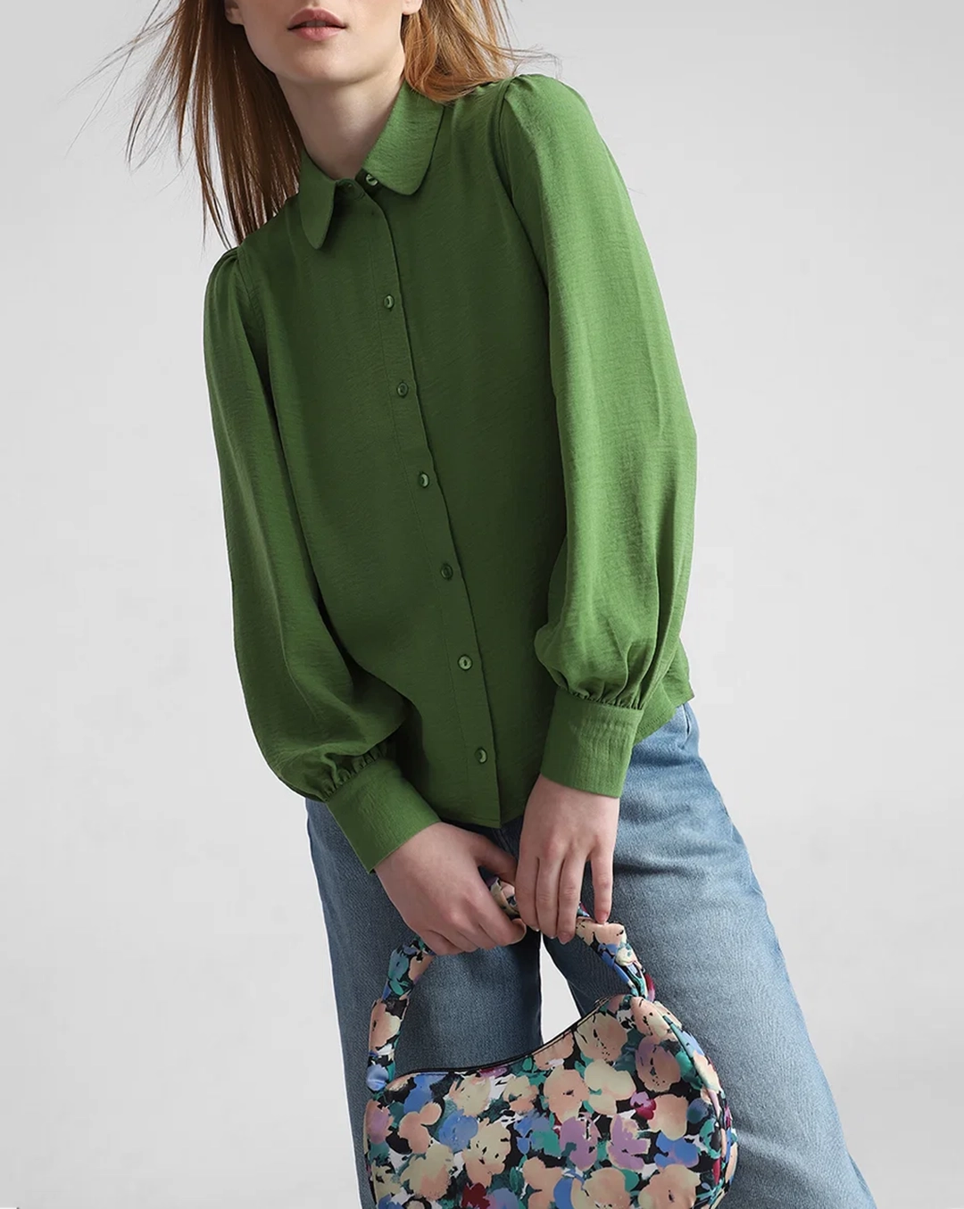 Green Puff Sleeves Textured Shirt