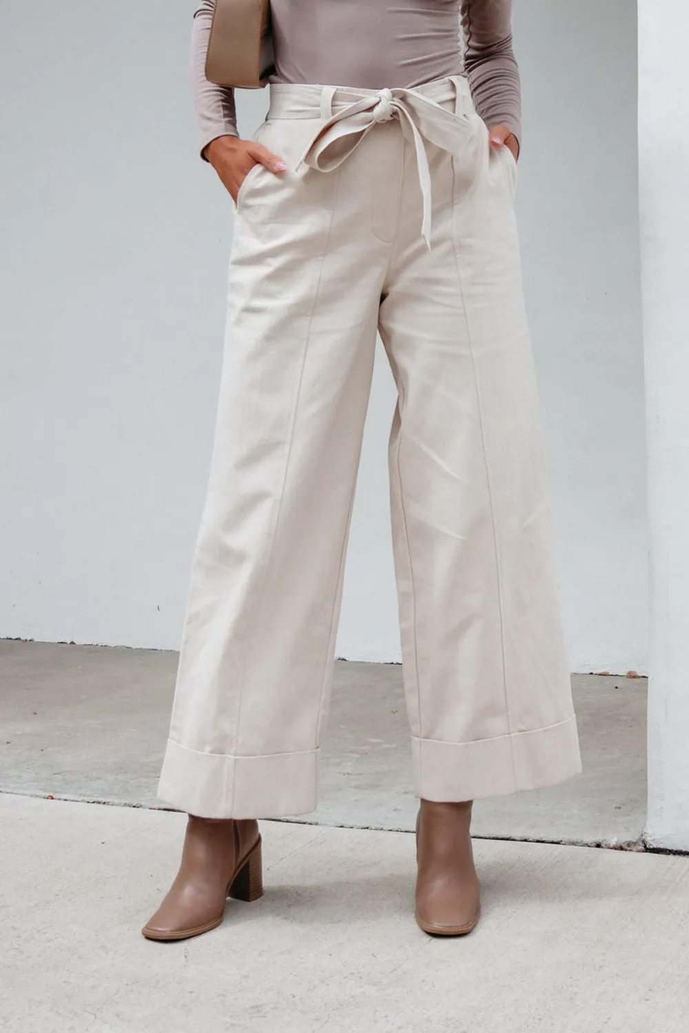 Belted Wide Leg Cuffed Pants - Natural