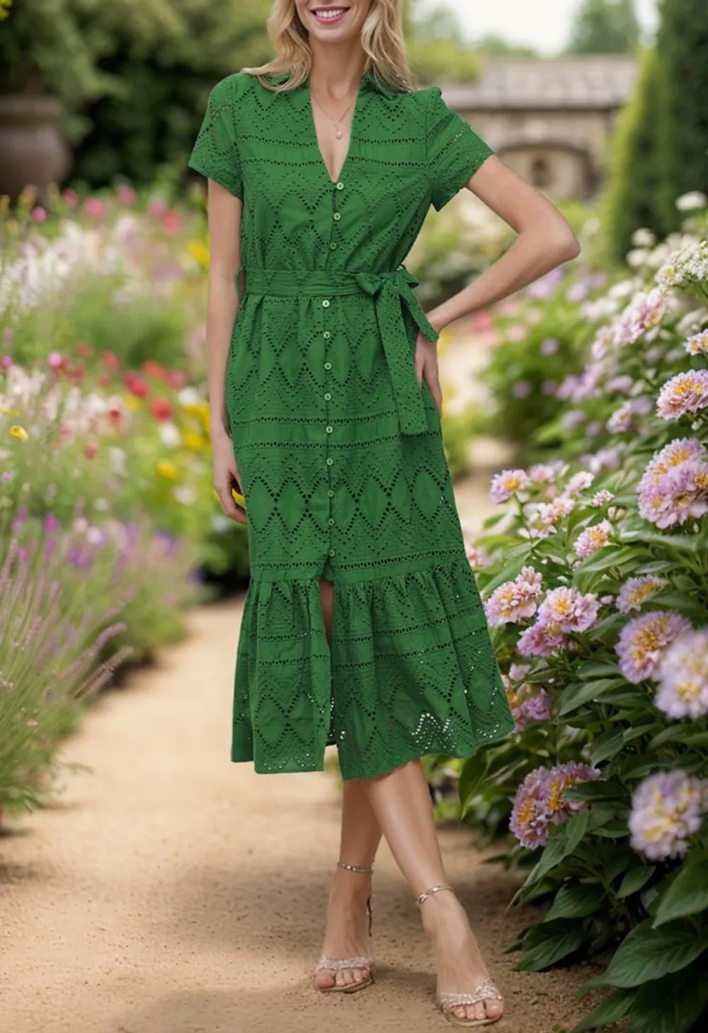 GREENERY IN SPRING EMBROIDERED EYELET FRILLING DRESS