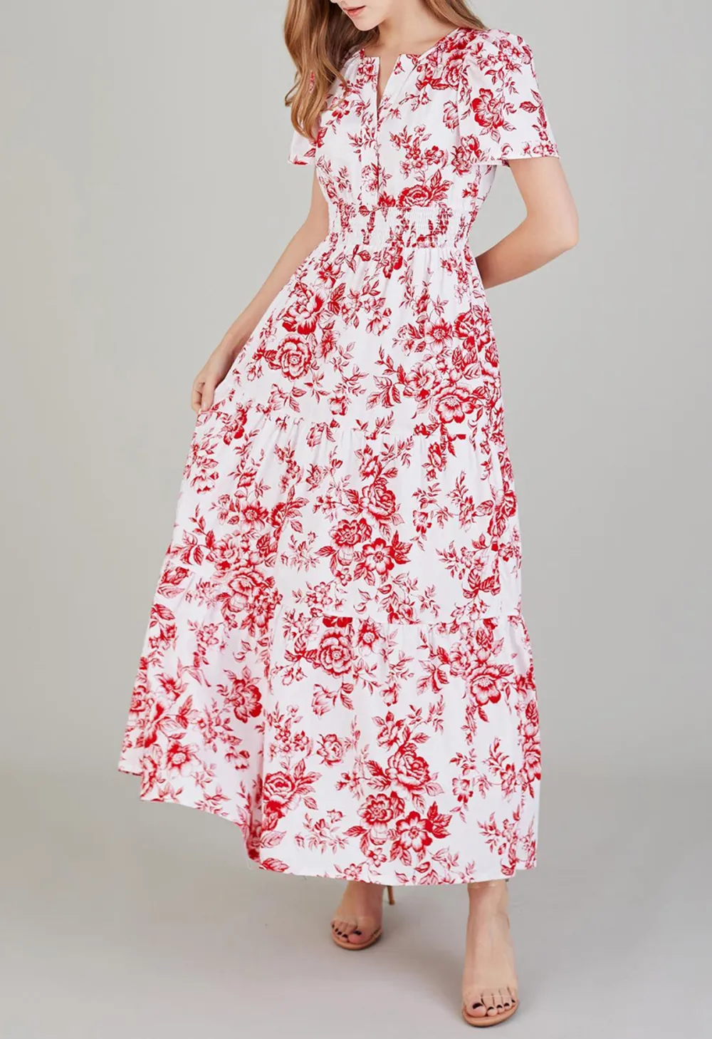 EBULLIENT RED FLOWER PRINTED MAXI DRESS