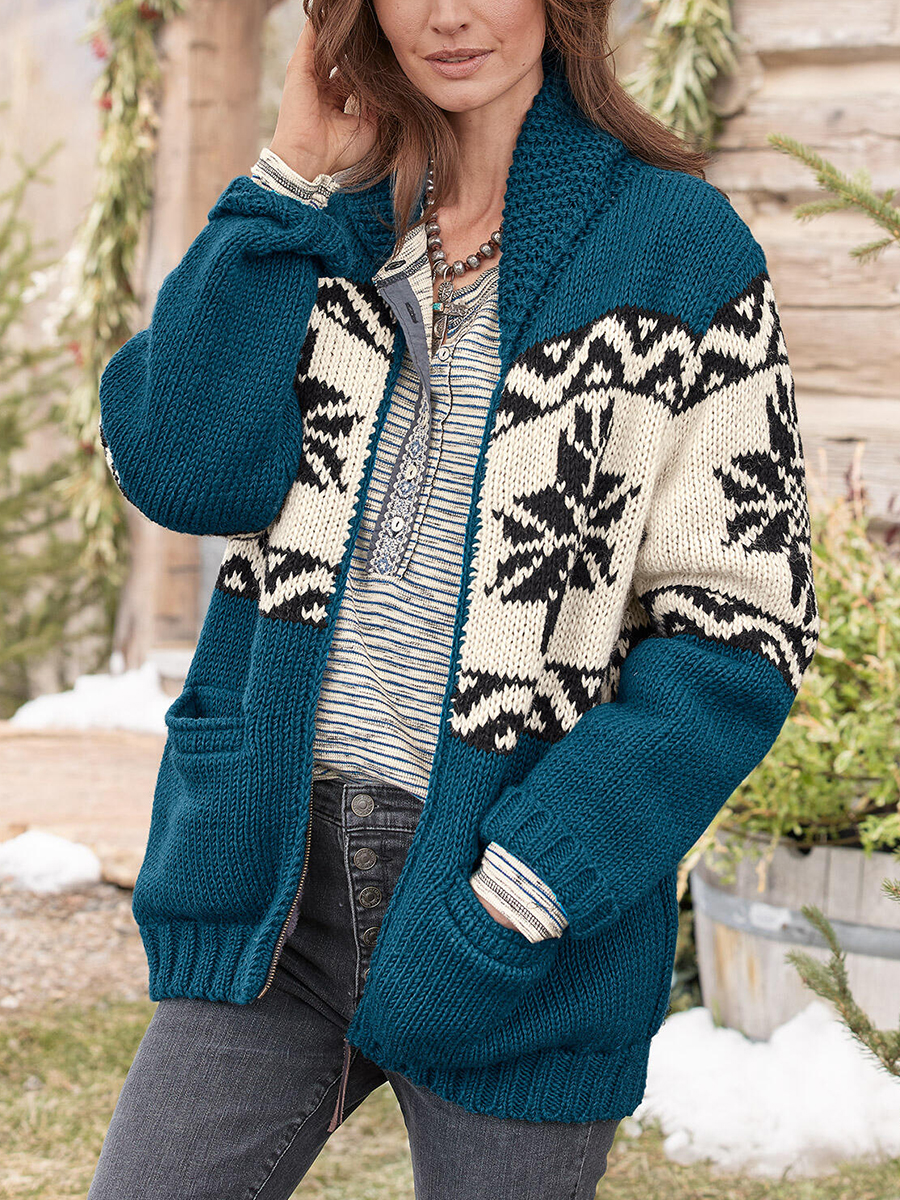 Western color block printed knitted cardigan