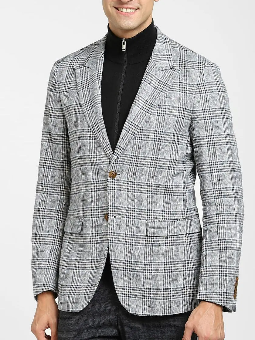 Dark Blue Check Print Linen Blazer