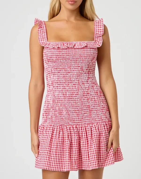 Shirred Gingham Mini Dress