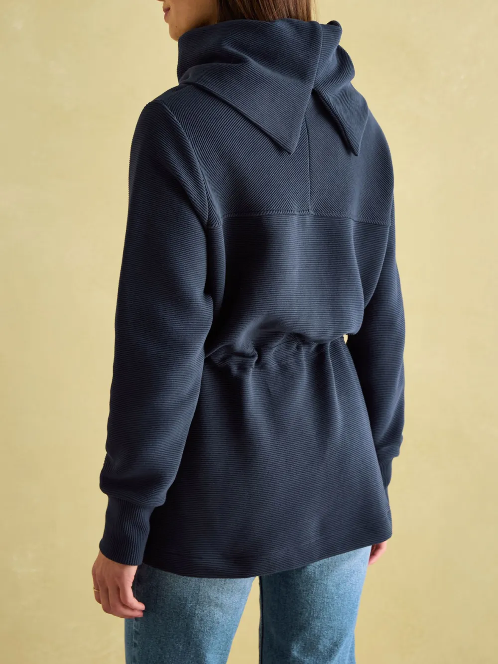 Adjustable Waist Willow Navy Cowl Neck Sweatshirt