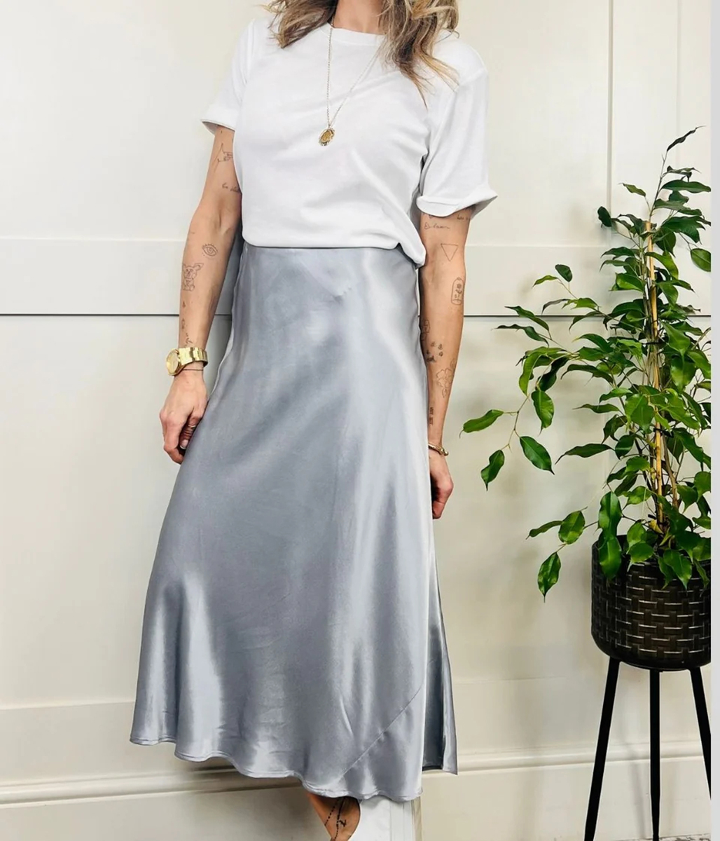 Silver Satin Midi Slip Skirt